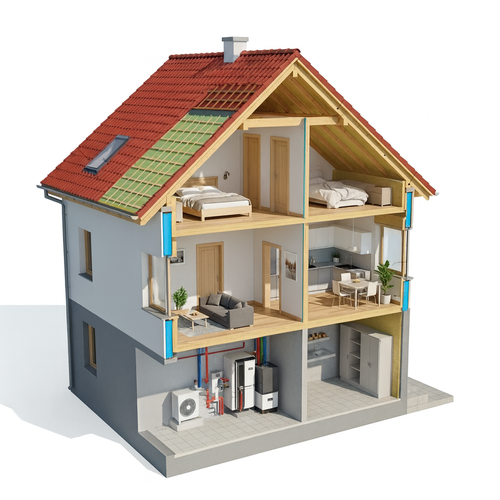 Ansicht eines Hauses mit Markierungen für Sanierungsbereiche